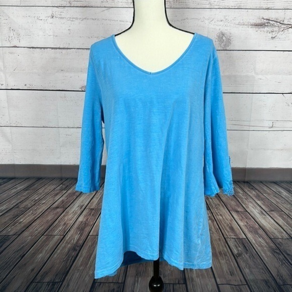 Soft Surroundings Top Shirt Tunic Womens XL Blue Crochet Open Back Lace Coastal
